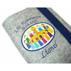 Gotteslobhülle Merino Wollfilz Filz Stickerei 1.hl. Kommunion inkl. Name + Datum + Abendmahl Aufnäher
