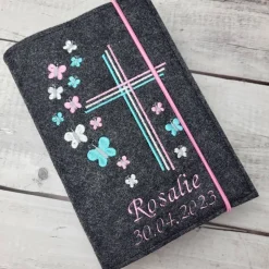 Gotteslobhülle/Gotteslobeinband 3-fach Kreuz mit Schmetterlinge rosa, mint, Kommunion