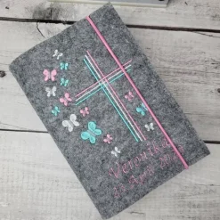 Gotteslobhülle/Gotteslobeinband 3-fach Kreuz mit Schmetterlinge rosa, mint, Kommunion