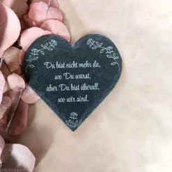 Grabdekoration, Schiefer-Herz mit Rosen-Motiv, Grabschmuck mit Wunschtext, Grabschild, personalisierbar