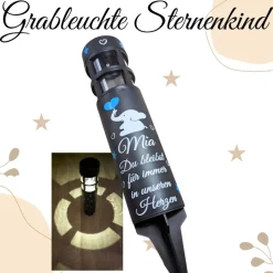Grablicht Solar Sternenkind Elefant, Personalisiert, Kerze, Gedenklicht, Trauerlicht, Erinnerungslicht, Grab