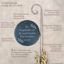 Grabschmuck, Grabdekoration für Urnengrab, Trauergeschenk, Gedenktafel aus Schiefer mit Trauerspruch, Schild mit Erdstab