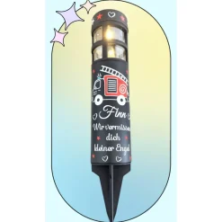 Grabschmuck Solarleuchte personalisiert mit süßen Feuerwehrauto Motiv, grableuchte solar sternenkind