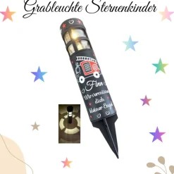 Grabschmuck Solarleuchte personalisiert mit süßen Feuerwehrauto Motiv, grableuchte solar sternenkind