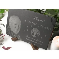 Grabstein & Gedenktafel aus Schiefer (30x20cm) mit persönlicher Wunschgravur – Fotogravur & Grabschmuck individuell