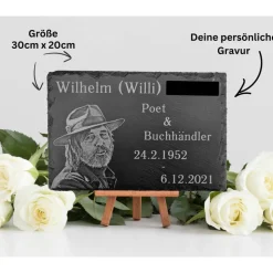 Grabstein & Gedenktafel aus Schiefer 30x20cm – Personalisierte Wunschgravur für Urnengrab & Grabschmuck