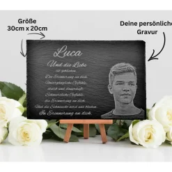 Grabstein & Gedenktafel (30x20cm) aus Schiefer mit individueller Gravur – Urnengrab, Grabschmuck & Fotogravur