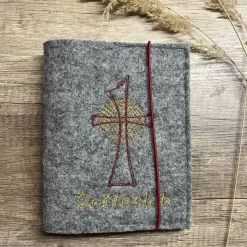 Grau melierte Buchhülle für Gotteslob bestickt mit rotem Kreuz / Schutzumschlag für Gebetsbuch / Kommunion
