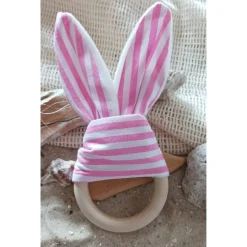 Grau mit weißen Punkten Häschen/ Hasen Greifling mit Ring aus Buchenholz