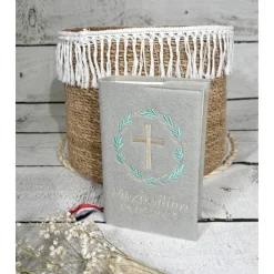 graue Gotteslobhülle Blumenkranz Gebetbuchhülle Blütenkranz Blumen Kreuz aus Filz personalisiert