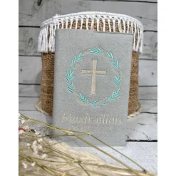 graue Gotteslobhülle Blumenkranz Gebetbuchhülle Blütenkranz Blumen Kreuz aus Filz personalisiert