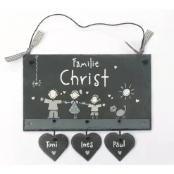 graues Türschild aus Schiefer für Familien mit Namen und Figuren personalisiert, ausgefallenes Hochzeitsgeschenk Schieferschild, exklusiv, wetterfest, handgemalt, individuell