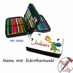 Grüner Drache Federmäppchen inkl. Inhalt  mit Name / personalisierbar