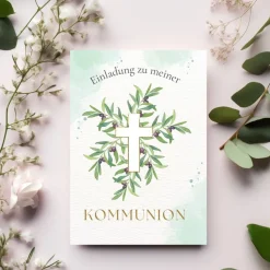 Grünes Kommunionseinladungskarten-Set 10er-Pack, Kommunionskarte mit Olivenzweigen, Einladung Erstkommunion