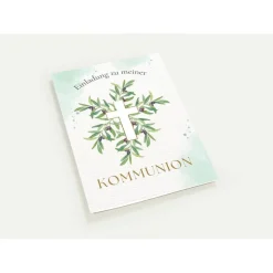 Grünes Kommunionseinladungskarten-Set 10er-Pack, Kommunionskarte mit Olivenzweigen, Einladung Erstkommunion