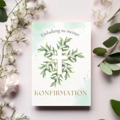 Grünes Konfirmationseinladungskarten-Set 10er-Pack, Konfirmationskarte mit Olivenzweigen, Einladung Konfirmation