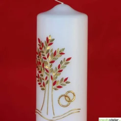 Große Hochzeitskerze Lebensbaum und Eheringe, personalisierbar, Rubin/Gold, Hochzeitsgeschenk, edle Hochzeitsdeko