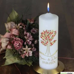 Große Hochzeitskerze Lebensbaum und Eheringe, personalisierbar, Rubin/Gold, Hochzeitsgeschenk, edle Hochzeitsdeko