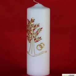 Große Hochzeitskerze Lebensbaum und Eheringe, personalisierbar, Rubin/Gold, Hochzeitsgeschenk, edle Hochzeitsdeko