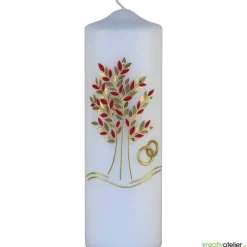 Große Hochzeitskerze Lebensbaum und Eheringe, personalisierbar, Rubin/Gold, Hochzeitsgeschenk, edle Hochzeitsdeko