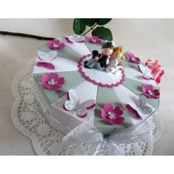 Große Hochzeitstorte/Schachteltorte 26 cm Ø, zur Hochzeit/Geldgeschenk in grau/weiß/pink mit Schmetterlingen und Bl&