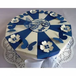 Große Schachteltorte / Geburtstagstorte / Geldgeschenk in blau/weiß 26 cm Ø