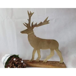 Großer Deko-Hirsch in Gold auf Holzsockel - Adventsdekoration