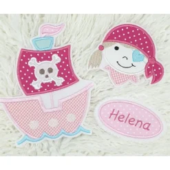 Großes Piratenschiff Applikation Set – Piratin & Namensbutton für Schultüte, personalisiert, Handarbeit