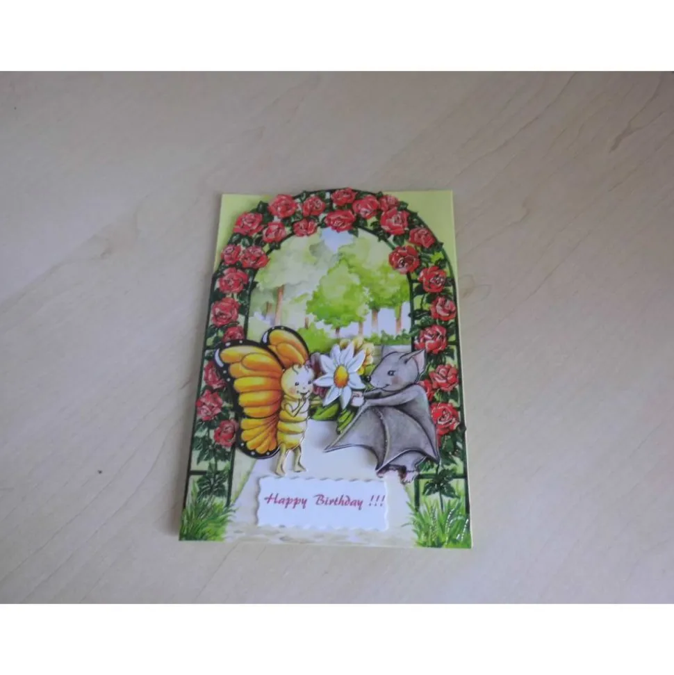 Grußkarte Geburtstag 3D Fledermaus am Rosenbogen – Humorvolle Gutscheinkarte & Geldkarte Unikat