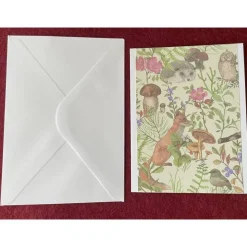 Grußkarte, Handarbeit mit Umschlag, Wald, Waldtiere, Pilze Motiv