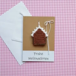 Grußkarte Weihnachten Knusperhäuschen Lebkuchenhaus Gingerbreadhouse gehäkelt mit Wunschtext