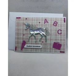 Grußkarte zur Einschulung, "Endlich Schulkind", rosa/pink, Einhorn