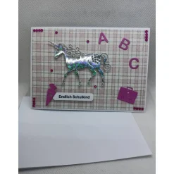 Grußkarte zur Einschulung, "Endlich Schulkind", rosa/pink, Einhorn
