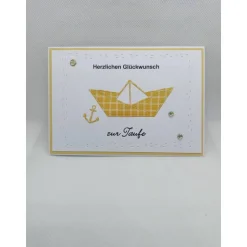 Grußkarte "zur Taufe", Origami Schiff in gelb
