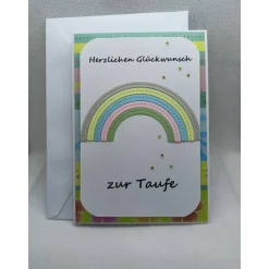 Grußkarte "zur Taufe", Regenbogen in Pastell, a.W. personalisierbar