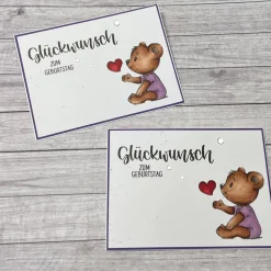 Grußkarten / Glückwunschkarten für Kinder zum Geburtstag, Happy Birthday, süßer Bär mit Herz für Mädchen lila Handarbeit