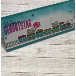 Grußkarten / Glückwunschkarten zum Geburtstag, „Eisenbahn mit Hund, Katze und Geschenken“, Kinder, Geburtstagskarte