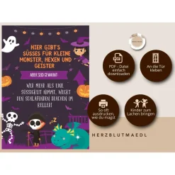 Gruselige Halloween Haus Deko - Türschild mit Skelett Motiv als Print in DIN A4 | Einzigartige Halloween Dekoration | Ki