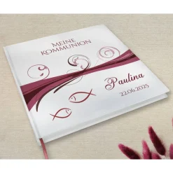 Gästebuch & Album zur Kommunion mit Fischen und Wellen in Beere / Bordeaux | Kommunionbuch personalisiert mit Name