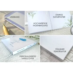 Gästebuch & Album zur Taufe mit Wolken im Aquarell in Hellblau personalsiert mit Name; blanko o. mit Fragen