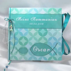 Gästebuch Erstkommunion Kommunion Taufe Türkis kirchlich Fisch Schutzengel personalisiert Taufgästebuch Taufbuch Kommunionsbuch Taufgeschenk