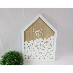 Gästebuch Guest Book in Hausform aus Holz in weiß mit Acrylglas und 50 Herzen zum Beschriften