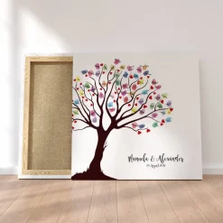 Gästebuch Hochzeit Fingerabdruck Leinwand Personalisiert Baum Herzen Brautpaar Geschenk Hochzeitsdekoration Namen 50x50 cm Keilrahmen