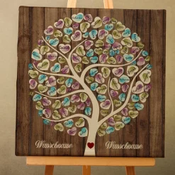 Gästebuch Hochzeit Fingerabdruck Leinwand Personalisiert Wooden Tree Geschenk Hochzeitsdekoration Namen 50x50 cm Keilrahmen Wedding Tree