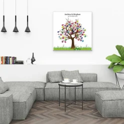 Gästebuch Hochzeit Fingerabdruck Leinwand Personalisiert Baum Herz Brautpaar Geschenk Hochzeitsdekoration Namen 50x50 cm Keilrahmen