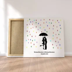 Gästebuch Hochzeit Fingerabdruck Leinwand Personalisiert Regentropfen Kuss Brautpaar Geschenk Hochzeitsdekoration Namen 50x50 cm Keilrahmen
