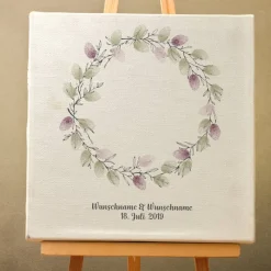 Gästebuch Hochzeit Fingerabdruck Leinwand Personalisiert Blumenkranz Brautpaar Geschenk Hochzeitsdekoration Namen 50x50 cm Keilrahmen