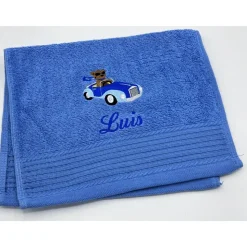 Gästehandtuch ( 30 x 50 cm ) + Teddy im Auto (#Nr.55) + Name / Kinderhandtuch