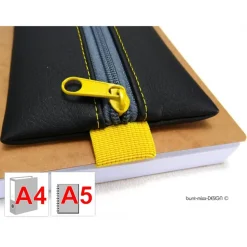 Gummibandmäppchen Kunstleder schwarz, A5 Kalender, A4 Ordner, gelb grau, handmade by BuntMixxDESIGN