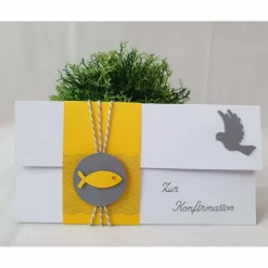 Gutschein- oder Geldgeschenkverpackung Kommunion - Konfirmation - Taufe, Weiß-Gelb-Grau mit Fischen